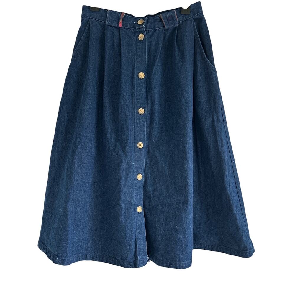 Vintage 90s Cherokee Size 12 100% Cotton USA Button Up Midi Denim Swing Skirt